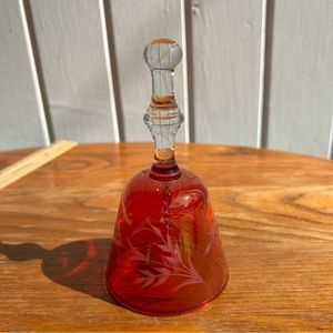 Vintage Cranberry Glass Clear Handle BELL Etched Flowers 4 1/2”